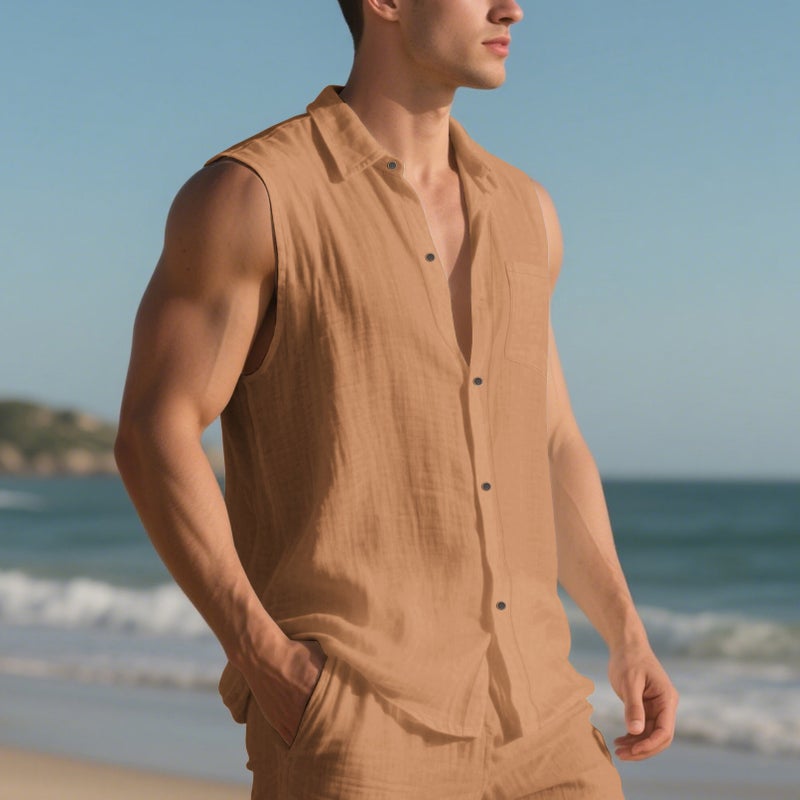 Men'S New Summer Products New Loose Linen Simple Casual Sleeveless Beach Shirt - Image 1